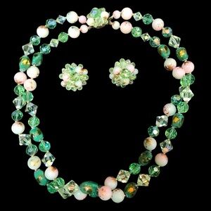 Vintage 50s 60s Green White Rhinestone Beaded Necklace & Earring Set